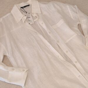 Zara NWT White Linen Cropped Sleeve Button Down